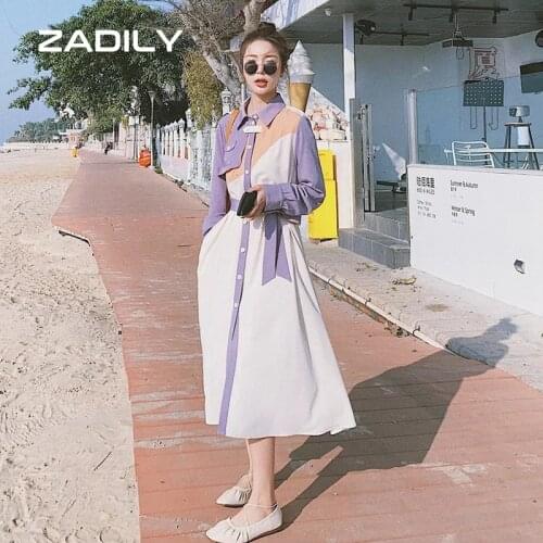 ZADILY 2021 Autumn Pluse SizeWomen Shirt Dress Office Lady Patchwork Long Sleeve Sashes Button Ladies Maxi Dresses Work Robe