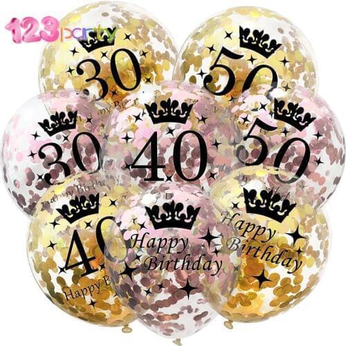 123 Party 10pcs/lot 12inch 30/40/50/60/70/80th Clear Confetti Latex Balloon for Birthday Balloons Decoration Party Supplies
