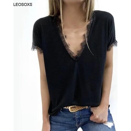 2021 Summer Womens Clothing Pure Color Casual Lace T-Shirt Fashion V-neck Elegant Blouse Short Sleeve