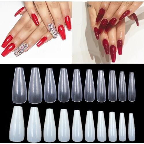 500pcs/bag Fake Nails Artificial Long Ballerina Nail Tips Clear/Natural False Coffin Full Cover Acrylic faux ongles 10 sizes
