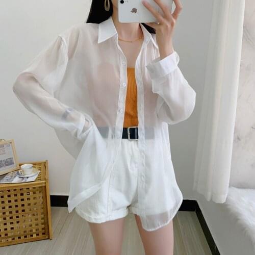 #8264 Transparent Shirt Women Back Split Sexy See Through Shirt Femme Long Sleeves Thin Loose Chiffon Shirt Ladies Sunscreen