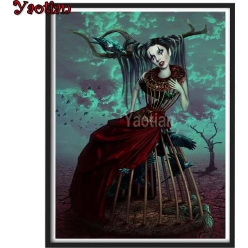 Diy 5D Diamond Painting Cartoon Girl Crow Full Square/Round Diamond Mosaic Cross Stitch Gothic Art Embroidery Rhinestones Decor