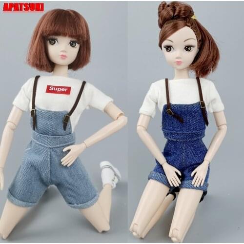 White Letter Tops Shirts Denim Jeans Bib Short Pants Outfits Clothes for Barbie Doll Clothes for Blythe Doll Accessories Kid Toy