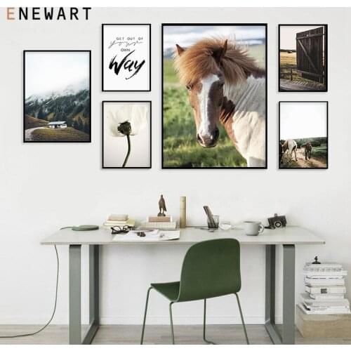 Gental White Flowers Wall Art Picture Sunset Mountain Scenery Farm Horse Canvas Painting Nordic Posters and Prints Home Decor