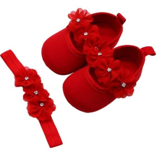 Baby Baptism Shoes and Headband Set Soft Sole Floral Mary Jane Flats and Hairband 2 Piece Set for Infant Girls