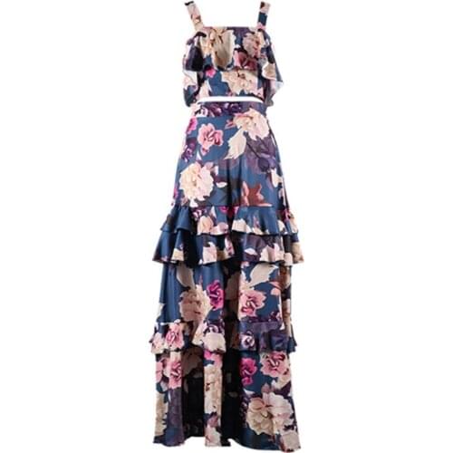 Summer Boho Two Piece Set Sexy Skirt Set Crop Top Maxi Long Skirt Floral Printed Ruffle High Waist Casual Two Piece M