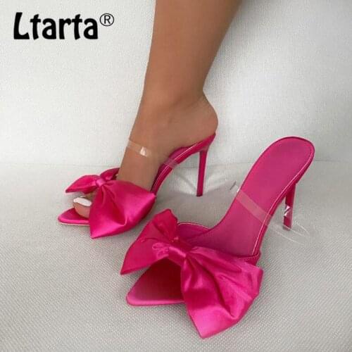 LTARTA 2021 Sexy Silk Butterfly-Knot Patchwork PVC Shallow Summer Head Peep Toe Stiletto High Heels Sandalias WBL