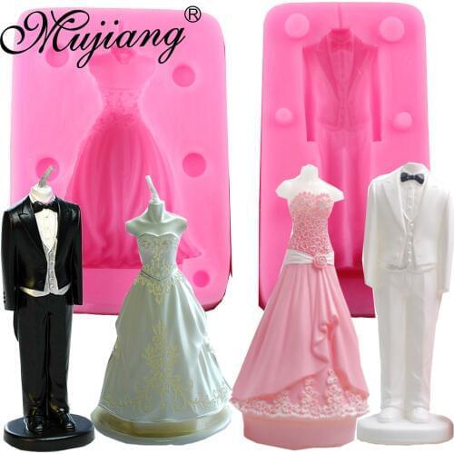 Mujiang 4Pcs Bride Groom Wedding Dress Silicone Candle Soap Clay Mold Fondant Cake Decorating Tools Sugar Candy Chocolate Molds