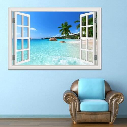 3D Window view Wall Sticker Beach Coconut Tree Modern Landscape PVC Wallpaper Home Living Room wall sticker wall picture poster