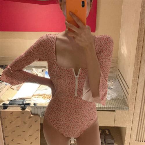 2021 Summer New Style Square Collar Sweet Floral Slim Fit Horn Sleeve Low-Cut Sexy Zipper Small Fresh Backless Swimsuit Women