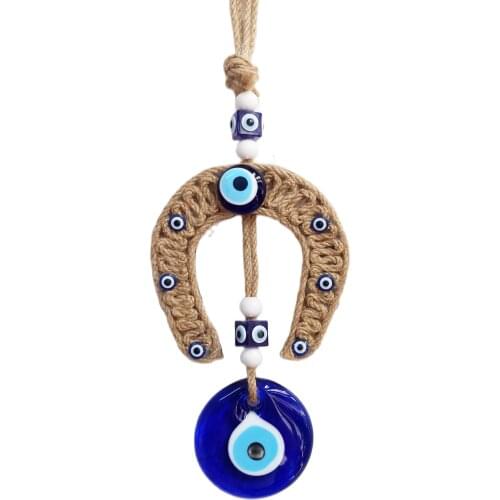 Straw Braided Horseshoe Shaped Glass Evil Eye Bead Wall and Door Ornament