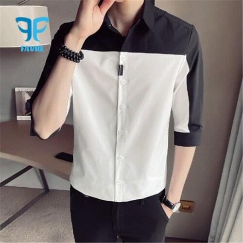 FAVRE Men Dress Shirt Color Contrast Fashion Office Social Business Collared Shirt Half Sleeve Work Clothes