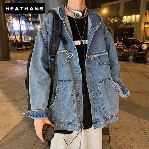 Spring Autumn Mens Jean Jacket Handsome Multi-Pocket Design Hooded Jaqueta jean Korean Style Fashion Loose Plus Size Veste Homme