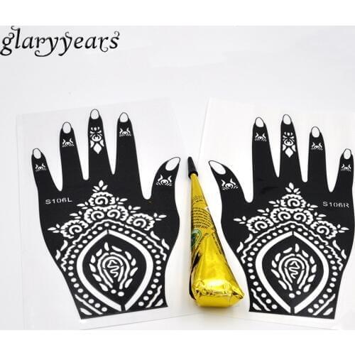 1 Pair Hands Henna Stencil + 1 Piece Black Color Henna Paste Women Body Art Painting Hollow Mehndi Tattoo Stencil Gift Temporary