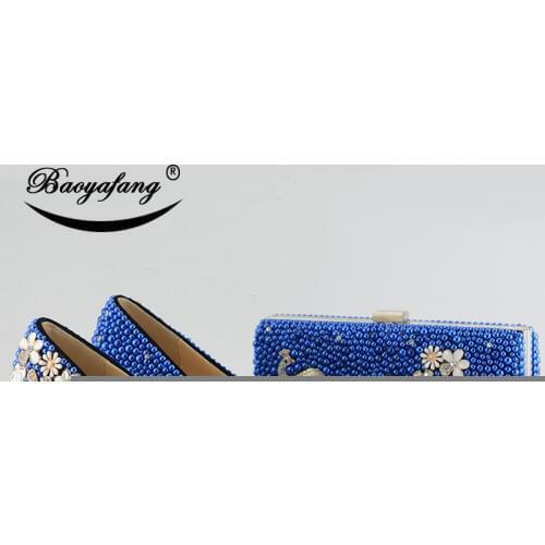 New Royal Blue pearl Women wedding shoes with matching bags bride High heels platform shoes Peacock Ladies Paty shoe and bag set