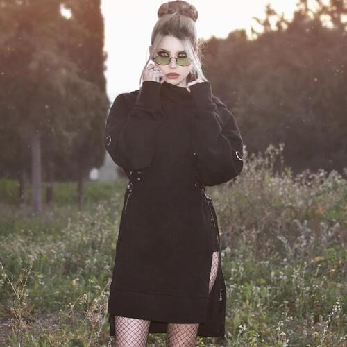 Sexy Punk BF Black Split Sweat Femme Long Hoodies Sweatshirt Gothic Kpop Clothes harajuku Streetwear Pullover Hoody Dress Women