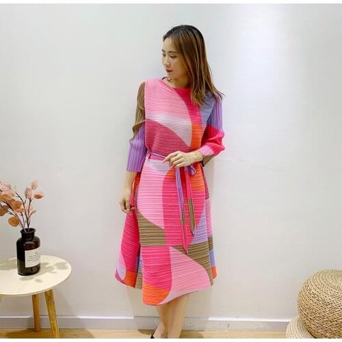 Miyake Pleated korean dress 2020 fall fashion women Plus Size Belt Three Quarter sleeve aesthetic clothes vintage dress