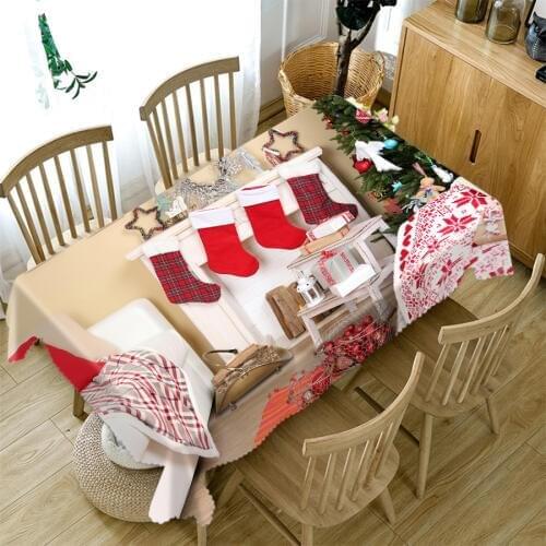 3d Christmas Tree Tablecloth Christmas Stocking on Fireplace Decoration Pattern Rectangular/Round Table Cloth Cover Towel