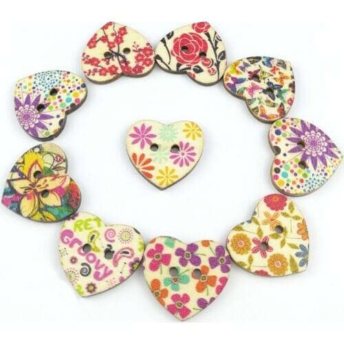 50Pcs/Lot Hot sale Mixed Flower Painted Heart Wooden Decorative Buttons 22x20mm Scrapbooking Craft Sewing Supplies NK043
