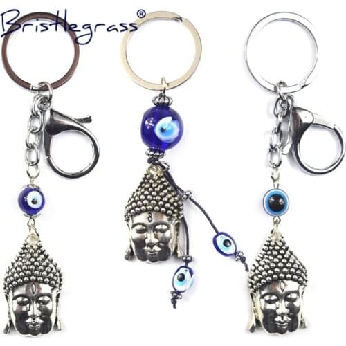BRISTLEGRASS Turkish Blue Evil Eye Buddha Head Key Chains Ring Holder Keychain Lucky Charm Hanging Pendant Blessing Protect Gift