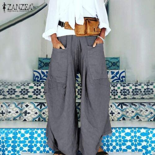 2021 ZANZEA Summer Wide Leg Pants Womens Trousers Casual Solid Elastic Waist Pant Female Front Pockets Pantalon Fashion Palazzo