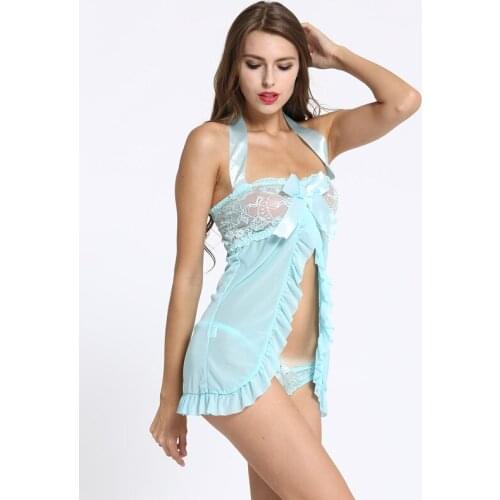Erotic lingerie slips Sexy blue lingerie halter bow newest dress backless lace + g string set sleepwear sexy costumes underwear