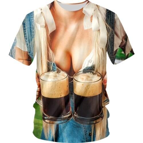 Beer Girl 3D Printed T-shirt For Men And Women Interesting Novelty 3D Drinking Beer T-shirt Short Sleeve Top Streetwear Oversize