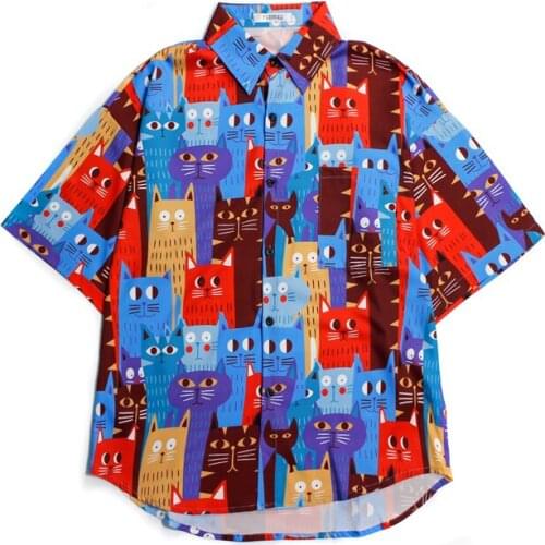 Summer Short-Sleeved Shirt Womens 2021 Retro Loose Casual Top Harajuku Style Street Fun Cartoon Graffiti Printed Shirt Mens