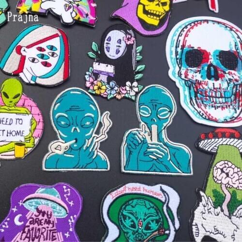 Prajna Anime No Face Man Patch Smoking Alien Embroidered Patches For Clothes Punk Skull Stripe On Jacker Iron On Patches Badge