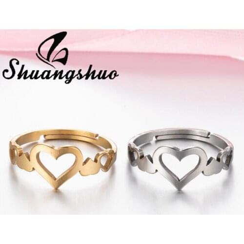Shuangshuo Gold and Silver Color Hollow Heart Stainless Steel Rings Geometric Peach Heart Shape Finger Ring for Women Best Gift