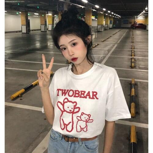 Woman Tshirts Summer Casual Short-sleeved Loose White Tops New Bear Print T-shirt Bottoming Shirt Women
