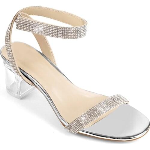 Richealnana Womens Summer Fashion Clear Chunky Heel Sandals Rhinestone Velcro Ankle Strap Party Wedding Prom Crystal Shoes