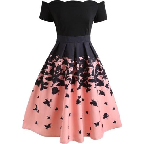 Floral Print Off Shoulder Women Robe Vintage Dress 2020 Summer Black Pink Elegant A-Line Retro Casual Party Rockabilly Dresses