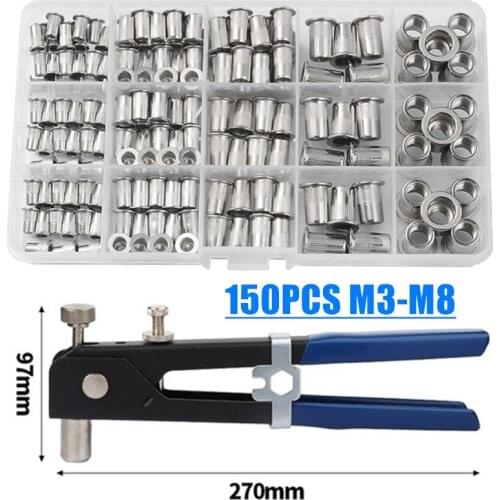150PCS M3/M4/M5/M6/M8 Hand Riveter Nut Rivet Gun Kit Stainless Steel Insert Nut Rivet CapThreaded Nuts Repair Tools Kit