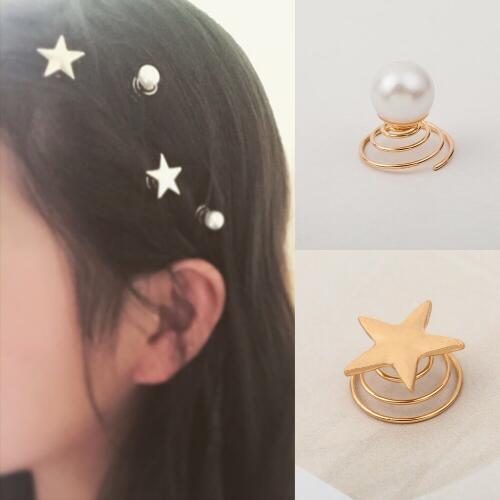 2 Types Golden Star & White Simulated Pearl on Top Sping Hair Clips and Pins Fashion Hair Jewelry for Kids Women