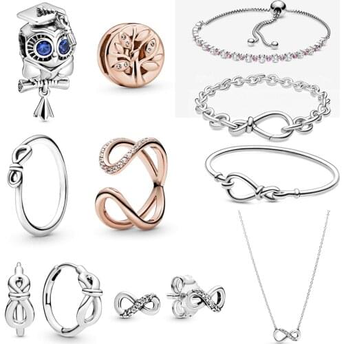 2020 High-quality 925 Sterling Silver Family Tree Clip Ornament Wisdom Owl Graduation Charm Eternity Jewelry Gift Set