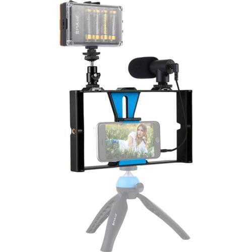 3 in 1 Vlogging Live Broadcast LED Selfie Light Smartphone Video Rig Kits with Microphone + Cold Shoe Tripod Head