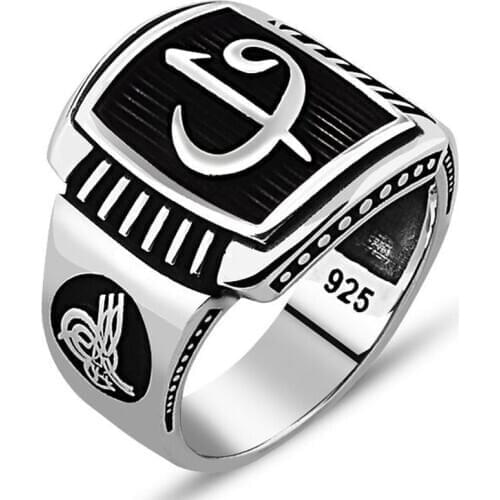 925 Sterling Silver Ring for Men with Arabic Alphabet Design Vintage Gift Jewelry Fasion Onyx Agate Zircon Men Rings