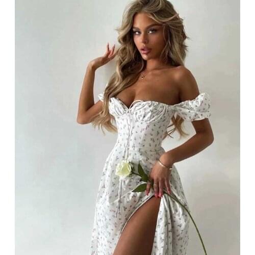 Boho Inspired floral cotton sexy bodycon dress for women square neck puff sleeve elegant ladies dress luxury brand dress summer