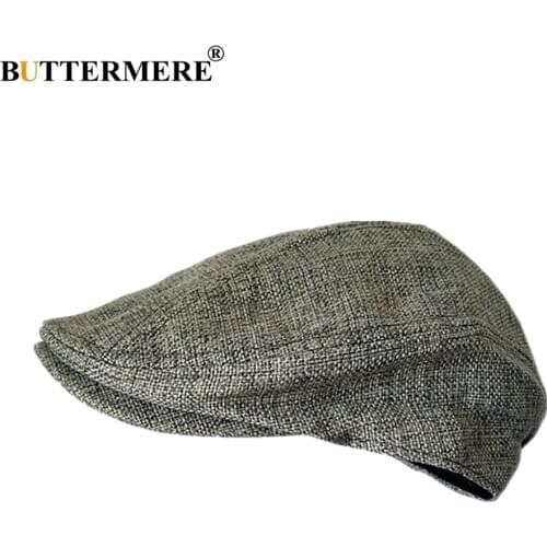 BUTTERMERE Mens Berets Grey Cotton Linen Flat Cap Male Solid Fitted Summer Retro Driving Hat Duckbill Brand Plain Gatsby Ivy Hat