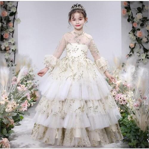 Puffy Sequin Lace Pearls Flower Girl Dresses Tulle Girls First Communion Dresses Long Sleeve Party Ball Gown Pageant Vestido