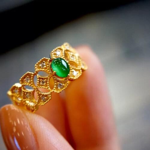 Designers unique creative hollow ring, silver inlaid diamonds full of green chalcedony oval opening adjustable ring