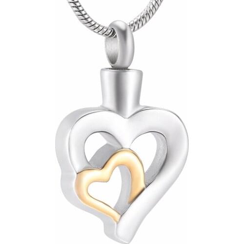 IJD9996 Stainless Steel Cremation Double Gold Heart Souvenir Necklace for Ashes Urn Memorial Keepsake Pendant Jewelry