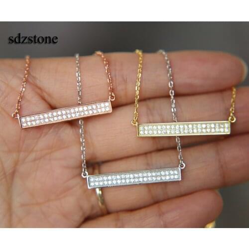 Double raw cubic zirconia paved bar pendant link chain italy skinny chain cute delicate girl women gift silver color necklace
