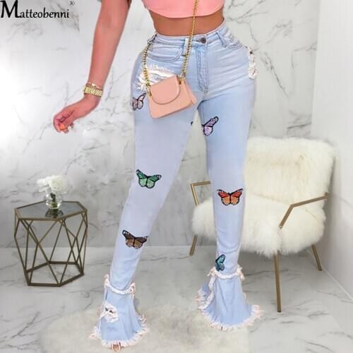 Butterfly Embroidery Denim Flare Pants Women High Waist Skinny Jeans Wide Leg Trousers Ladies Casual Bell Bottom Jeans Plus Size