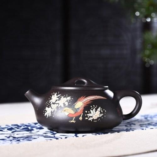 Clay pot genuine hand-made raw ore black cinnabar mud painted stone ladle pot Kungfu teapot tea set one generation