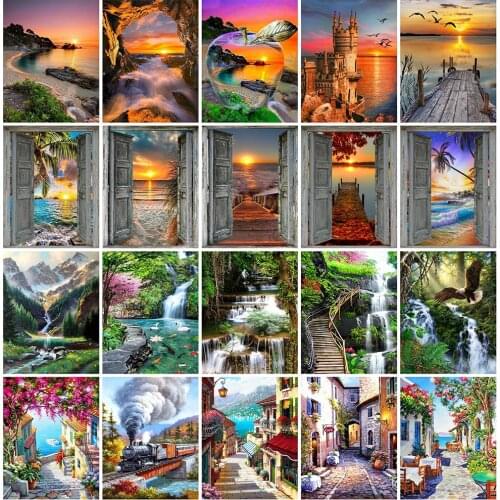 HUACAN 5D DIY Diamond Painting Landscape Sunset Diamond Embroidery Sale Street Pictures Of Rhinestones Mosaic Home Decor