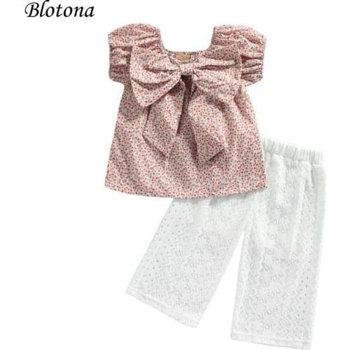 Blotona Little Girls Sweet Summer Clothes Set, Floral Print Short Puff Sleeve Tops with Bow-knot+Lace Wide Leg Trousers,1-6Years