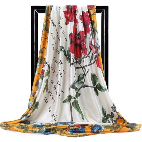 Summer Sunscreen Satin Scarf Fashion 90X90CM Neckerchief Silk Hankies Scarves Popular Letter Print Beach Shawl Ponchos and Capes