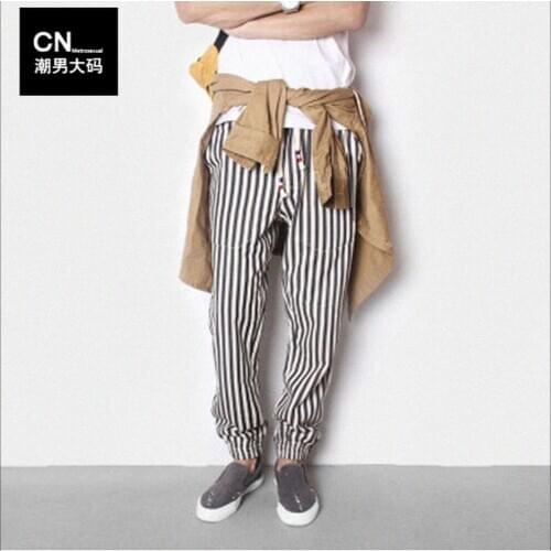 Hot 2020 New Men Black And White Vertical Stripe Denim Harem Pants Casual Skinny Trousers Plus Size Clothing Singer Costumes